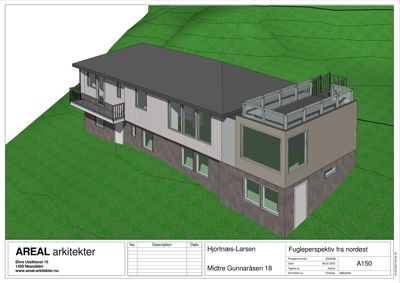 3D-visualisering (fugleperspektiv) av en toetasjes bolig sett fra nordøst, inkludert balkong og terrasse.