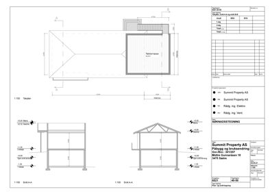 Snitttegning (Snitt A-A) som viser bygningens tverrsnitt, takkonstruksjon og høyder.