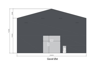 Fasadetegning (opprikk) av bygningens østgavl med mål på høyder og bredde.