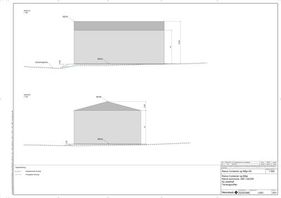 Snittegning (Snitt A-A og B-B) som viser bygningens høyde, takform og grunnplan i forhold til terreng.