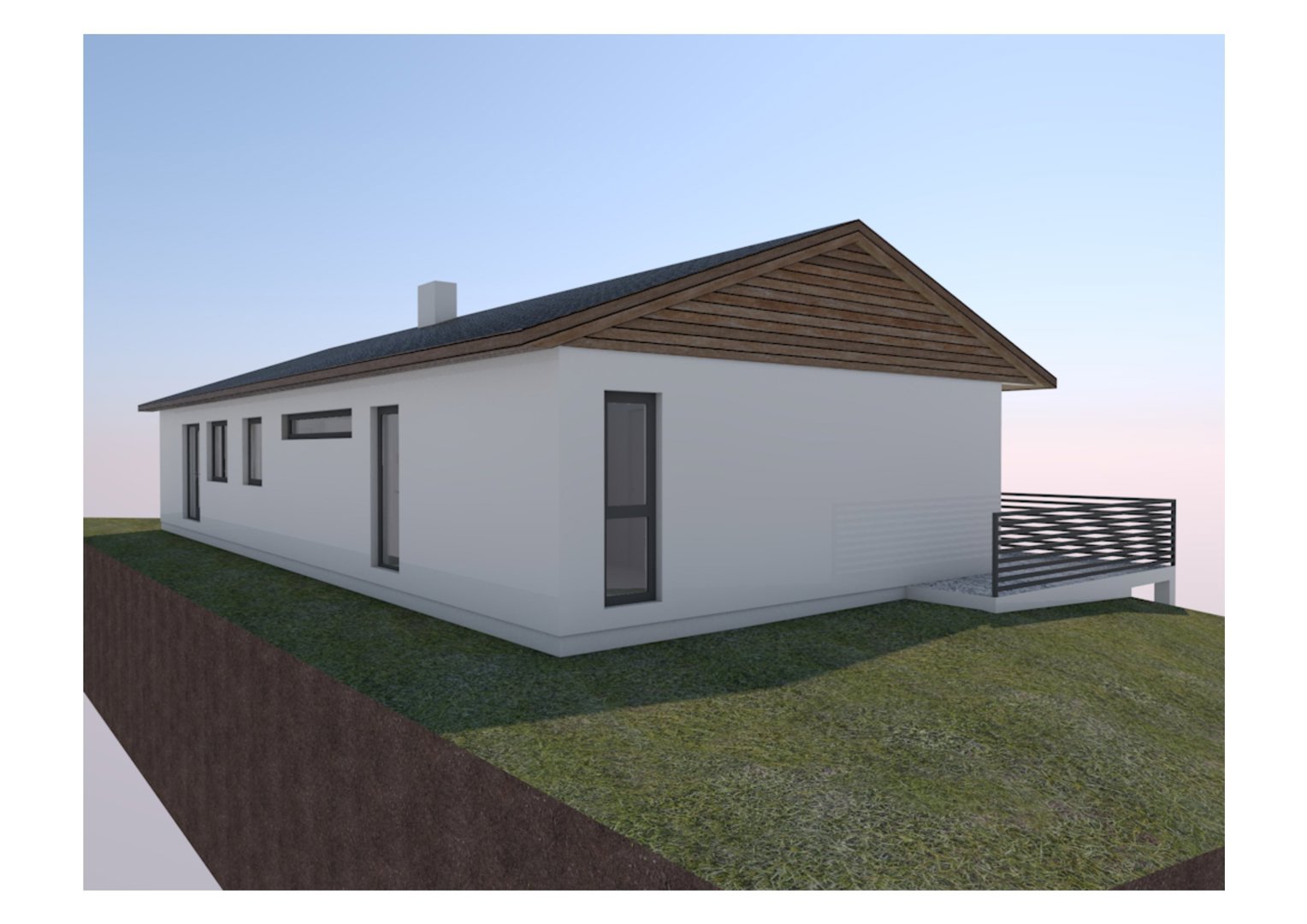 3D-visualisering av en moderne enebolig sett fra siden, med visuell fremstilling av fasade, tak, grunn og omgivelser.