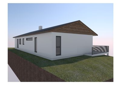 3D-visualisering av en moderne enebolig sett fra siden, med visuell fremstilling av fasade, tak, grunn og omgivelser.