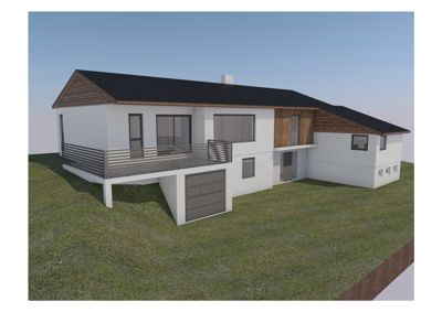 3D-visualisering av en moderne villa sett fra utsiden, med grønt terreng og himmel.