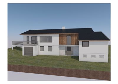 3D-visualisering (rendering) av en moderne villa sett fra fronten, med visuell fremstilling av fasade, tak, vinduer og terreng.