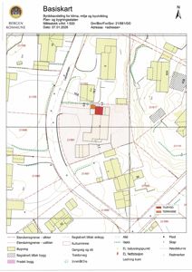 Basiskart som viser eiendomsgrenser, bygninger, terrengforhold (høydekurer), og planlagt tiltak (tilbygg og terrasse) for eiendommen 21/681.