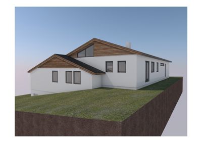 3D-visualisering av en villa sett fra en vinkel som viser fasade og takform.