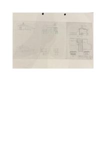 Fasadetegning som viser bygningens utsyn fra flere vinkler, inkludert et snitt.