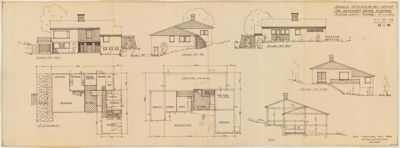 Et sammensatt arkitekttegningssett som viser etasjeplaner (planer) og fasadeopprikk for en bolig.
