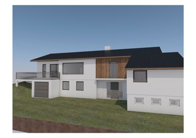 3D-visualisering av en moderne toetasjes bolig sett fra siden.