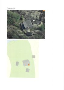 Bildet viser en situasjonsplan (nederst) og et flyfoto (øverst) av eiendom ved Makøveien 214.