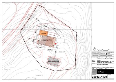 Situasjonsplan som viser tomtens form, høydemålerlinjer, eksisterende bygninger (EKS. HYTTE, EKS. ANNEKS) og planlagte tilbygg med mål.