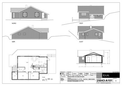 Fasadetegning som viser bygningens utseende fra fire sider (Nord, Vest, Sør, Aust) samt en detaljert frontfasettegning.
