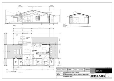Etasjeplan og snitttegning for en hytte med tilbygg og ombygging.