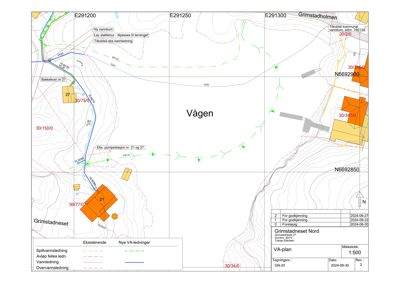 Situasjonsplan som viser VA-ledninger (vann og avløp) i området Grimstadneset Nord, med topografi og eksisterende/planlagte anlegg.