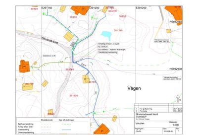 Situasjonsplan som viser vannledningsnett, eksisterende og nye VA-ledninger, samt tomtedeler og infrastruktur i Grimstadneset Nord.