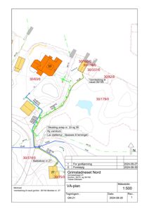 Situasjonsplan (VA-plan) som viser plassering av nye vannledninger, vannkummer og tilkoblinger til eksisterende ledninger i et område kalt Grimstadneset Nord.