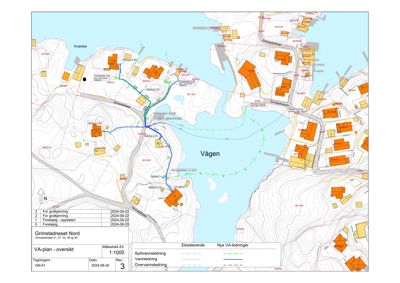 Kart over Grimstadneset Nord som viser eksisterende og nye VA-ledninger i forhold til topografi og bebyggelse.