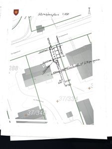 Situasjonsplan (1:250) som viser tomt, bygninger, veier og grenser.