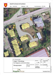 Situasjonsplan som viser tomtens beliggenhet, naboeiendommer, veier og planlagte endringer (nytt søppelanlegg, ny avkjøring).