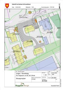 Situasjonsplan som viser tomt, bygninger, veier og arealbruk for et nytt søppelanlegg.
