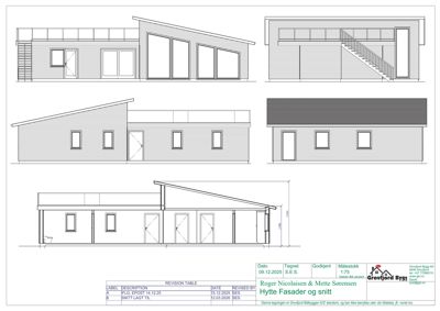 Fasadetegning som viser bygningens utsyn fra fire ulike vinkler (front, side, bak og snitt), inkludert detaljer om vinduer, dører og takform.