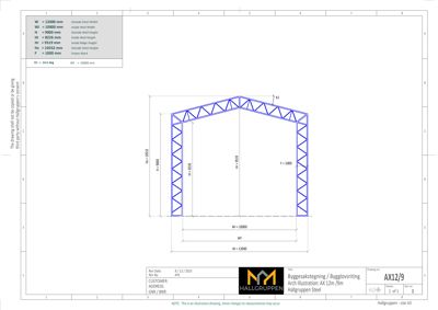 Tegning som viser detaljert dimensjonering og konstruksjon av en stålhall (stålramme).