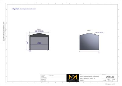 Fasadetegning som viser oppriss av to ulike gavlkonstruksjoner (Gable A og Gable B) med mål og fargevalg.