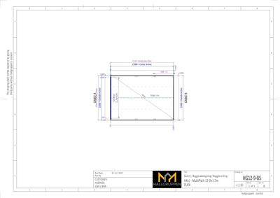 Tegning som viser detaljerte mål og dimensjoner for en takkonstruksjon (hall), inkludert taklinje, takfot og takhøyder.