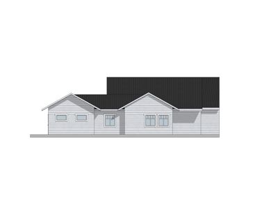 Fasadetegning som viser bygningens utseende fra en bestemt vinkel, inkludert takform, vinduer og fasademateriale.