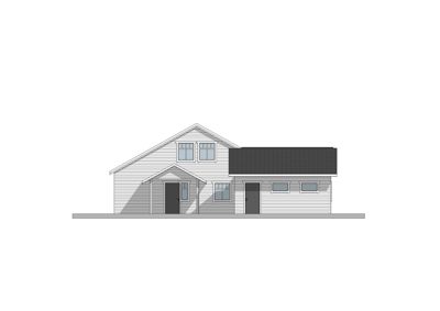 Fasadetegning som viser bygningens utseende fra fronten, inkludert vinduer, dører og takform.