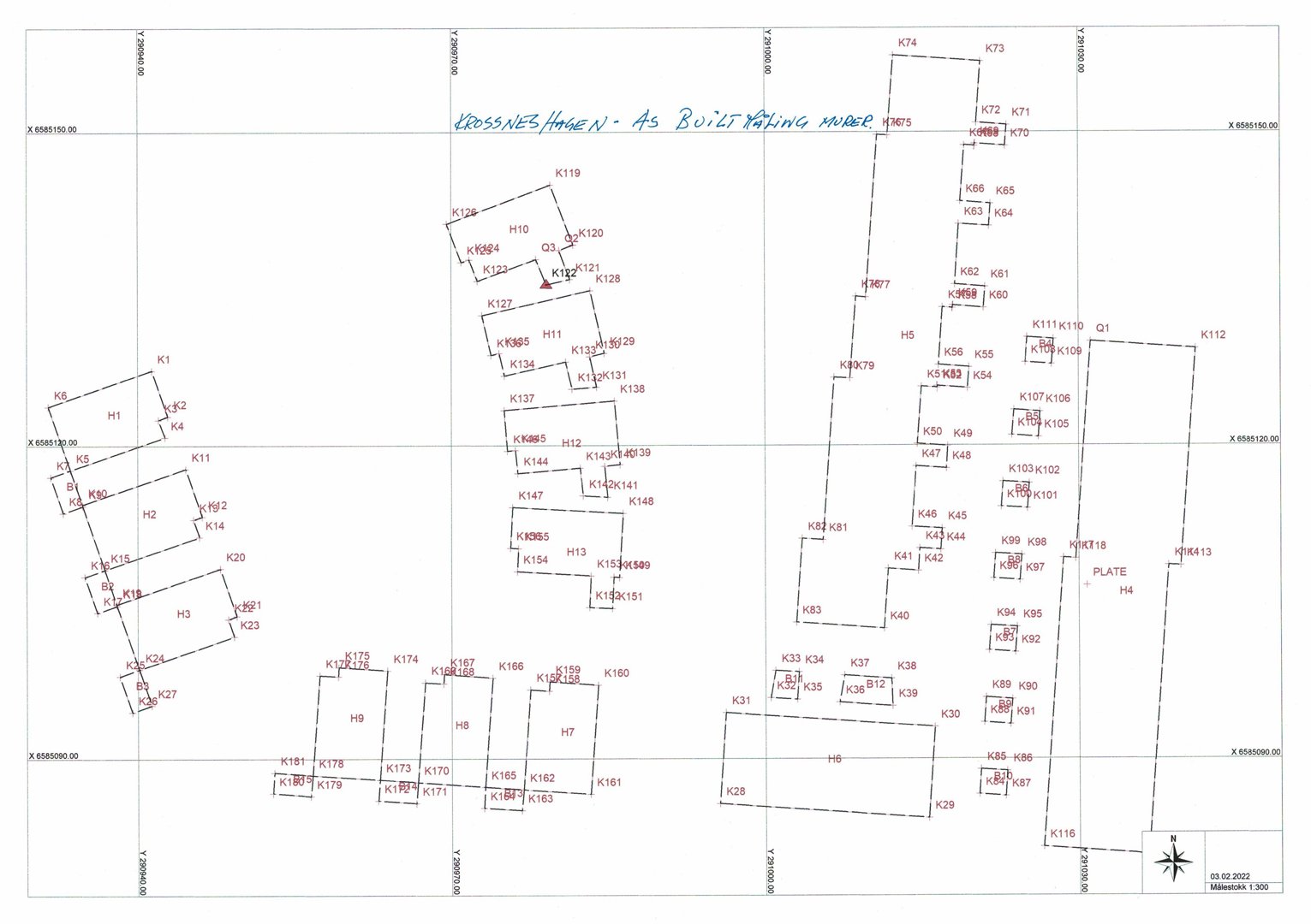 Etasjeplan (As Built) for Krossnes Hagen med romnummerering og koordinater.