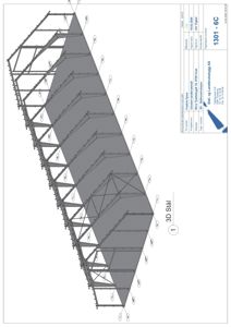 Tegning som viser detaljert konstruksjon av en stålramme (3D Stål) med dimensjoner og referanser til andre tegninger.