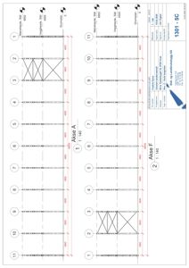 Dette bildet viser en teknisk detaljtegning (aksedetalj) for en stålkonstruksjon. Tegningen viser tverrsnittet av en stålramme med dimensjoner, ståltykkelse og forankringsdetaljer.