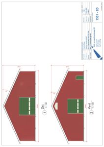 Fasadetegning som viser bygningens utseende fra øst og vest, inkludert mål og fargeindikasjoner.