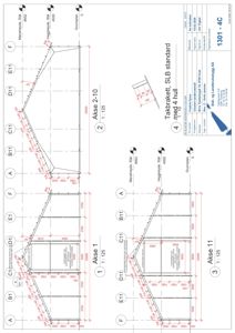 Dette bildet viser en teknisk detaljtegning for takbrakett (SLB standard) med 4 hull. Tegningen inneholder akseplaner (1, 2, 3, 4), målspesifikasjoner, konstruksjonsdetaljer og dimensjoneringsdata.