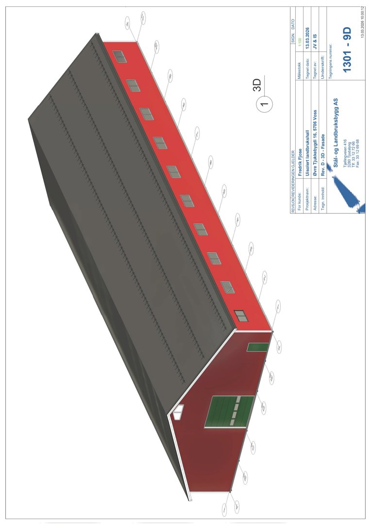 3D-visualisering (rendering) av en bygning sett fra en vinkel som viser både fasade og tak.