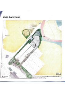 Kart over Voss kommune som viser topografi, vegnett (Øvre Vinjo, Kyrkjevogen) og arealbruk.