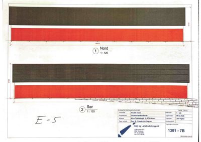 Fasadetegning som viser oppriss av bygningens nord- og sørfasade med mål og detaljer.