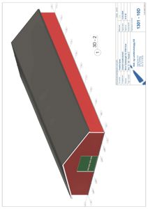 3D-visualisering (rendering) av en bygning sett fra en vinkel som viser takform, fasader og en del av inngangspartiet.