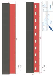 Fasadetegning som viser bygningens utseende sett fra nord og sør, inkludert mål og vindusoppsett.