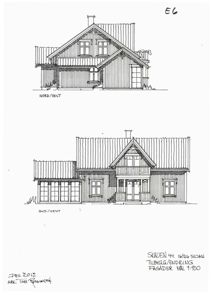 Tegning som viser fasader (Nord/Vest og Sør/Vest) av en bygning med detaljer om vinduer, tak og balkonger.