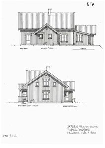 Tegning som viser fasader (framside og side) av en bygning med retninger angitt.