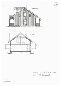 Bildet viser en tegning med en fasade (opprikk) av en bygning sett fra nord/vest, samt en tilhørende snittegning.