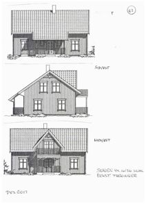 Fasadetegning som viser tre ulike vinkler (SØD/ØST, NORD/ØST) på en eksisterende villa.