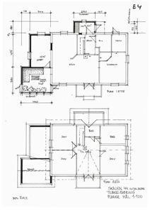 Plantegning som viser romfordeling og dimensjoner for etasjene 1 og 2 i en bolig.