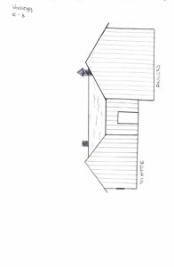 En håndtegnet fasadeopprikk (vedlegg R-3) som viser bygningens utseende fra siden, inkludert takform, vinduer og veggmateriale.