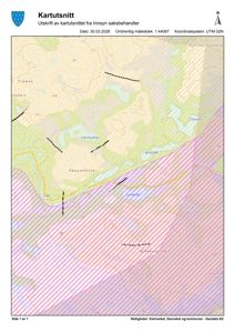 Kartutsnitt som viser topografi, vannmasser og arealbruk i et område (Vassdalsfjell, Sandvannet, osv.).