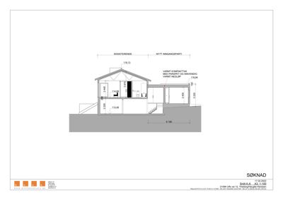 Snittegning som viser tverrsnittet av en bygning med mål og beskrivelser av konstruksjon.