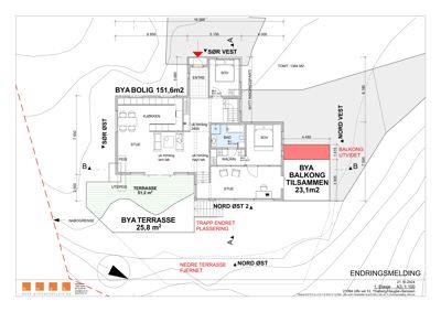 Etasjeplan (1. Etasje) som viser romfordeling, mål og endringsmelding for en bolig.