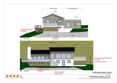 Fasadetegning som viser bygningens utseende sett fra nordvest og nordøst, med mål og endringsmerknader.